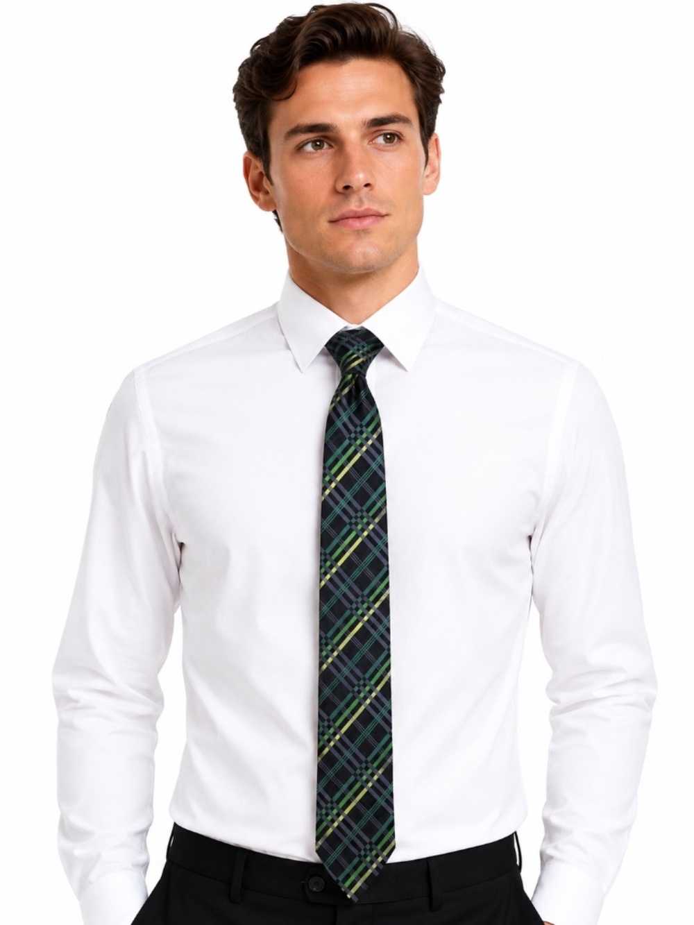 Alfani Men's Silk Tie Green Black Plaid Tartan Slim Modern Preppy Ivy League